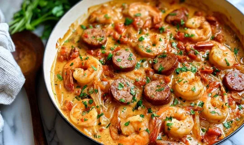 Creamy spicy keto shrimp and sausage skillet with Cajun cream sauce in a cast iron pan garnished with parsley