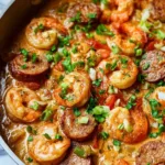 Creamy spicy keto shrimp and sausage skillet with Cajun cream sauce in a cast iron pan garnished with parsley