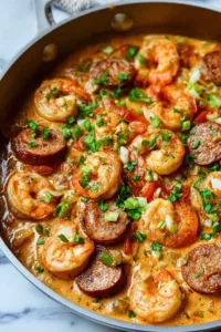 Creamy spicy keto shrimp and sausage skillet with Cajun cream sauce in a cast iron pan garnished with parsley