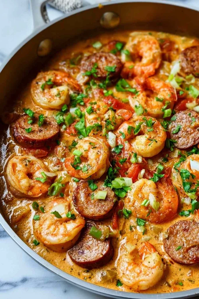 Creamy spicy keto shrimp and sausage skillet with Cajun cream sauce in a cast iron pan garnished with parsley