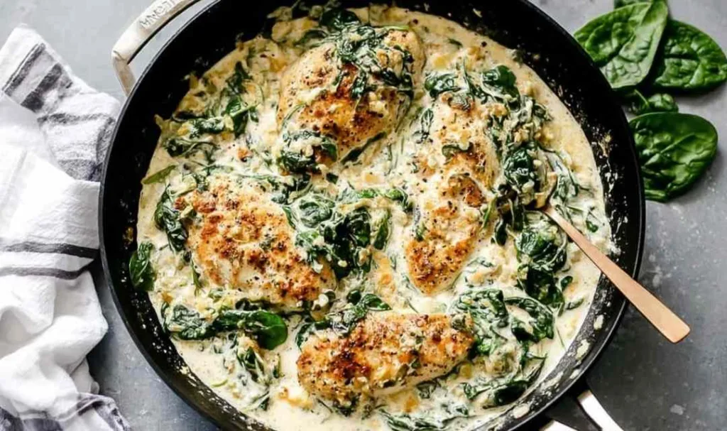 Creamy spinach chicken in a skillet with golden crispy cutlets and garlic cream sauce