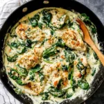 Creamy spinach chicken in a skillet with golden crispy cutlets and garlic cream sauce