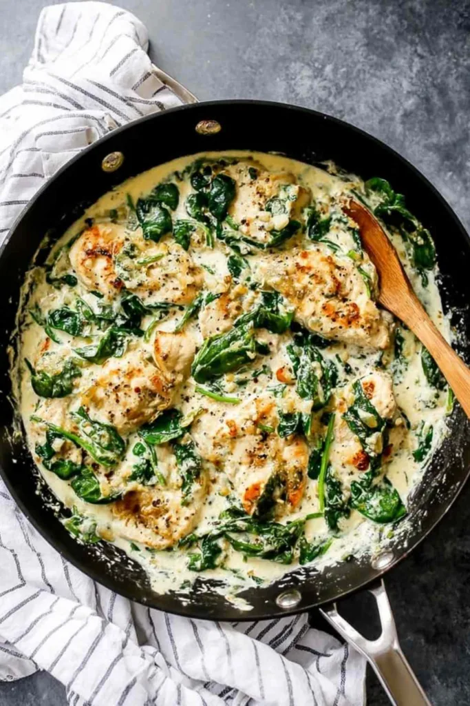 Creamy spinach chicken in a skillet with golden crispy cutlets and garlic cream sauce