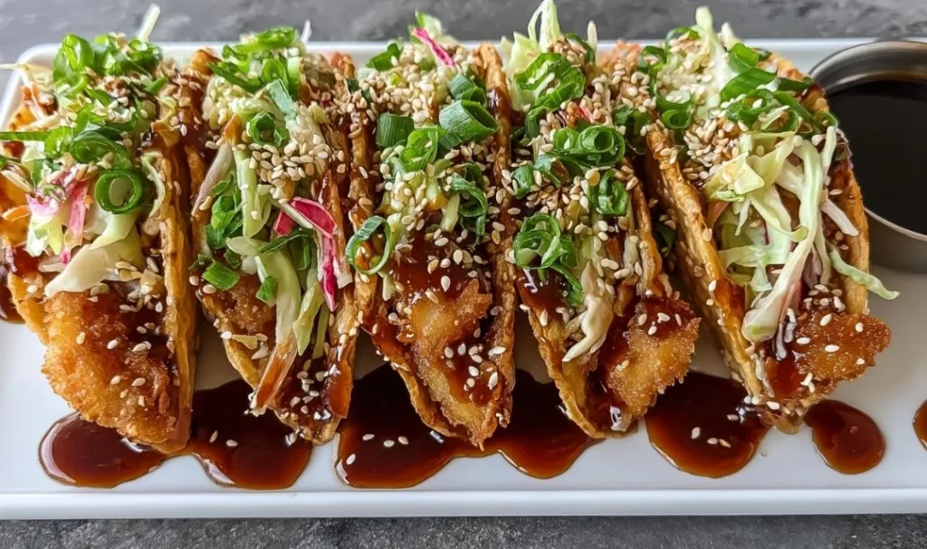 Crispy Chicken Wonton Tacos with teriyaki glaze and sesame seeds on a plate.