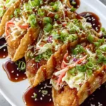 Crispy Chicken Wonton Tacos with teriyaki glaze and sesame seeds on a plate.