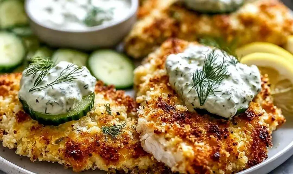 Crispy Dill Pickle Parmesan Chicken served on a white plate with lemon wedge and fresh herbs