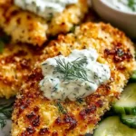 Crispy Dill Pickle Parmesan Chicken served on a white plate with lemon wedge and fresh herbs