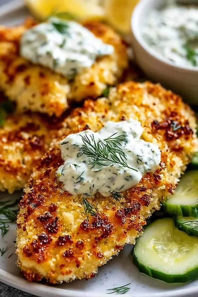 Crispy Dill Pickle Parmesan Chicken served on a white plate with lemon wedge and fresh herbs