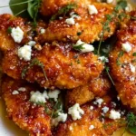 Crispy Hot Honey Feta Chicken on a white plate with salad