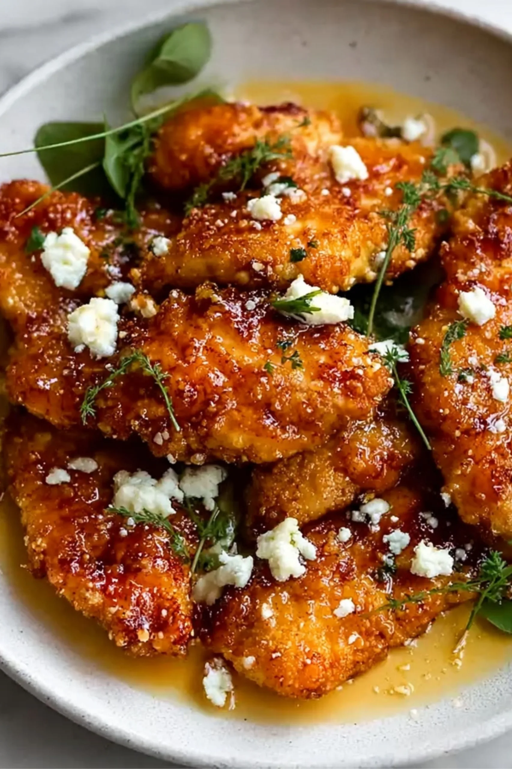 Crispy Hot Honey Feta Chicken on a white plate with salad