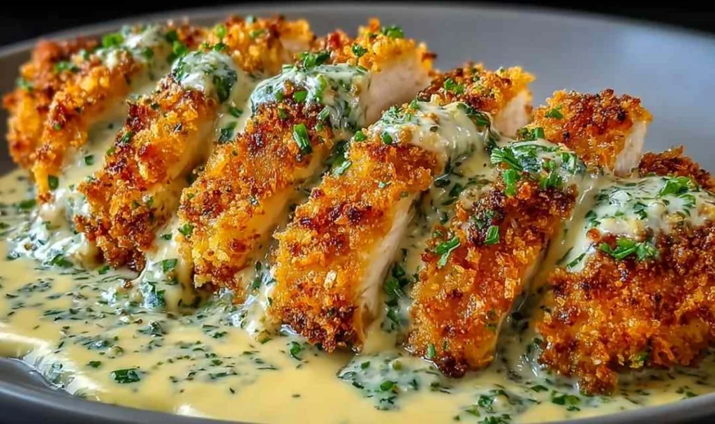 Crispy Parmesan Chicken with Creamy Garlic Sauce plated with parsley garnish