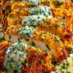 Crispy Parmesan Chicken with Creamy Garlic Sauce plated with parsley garnish