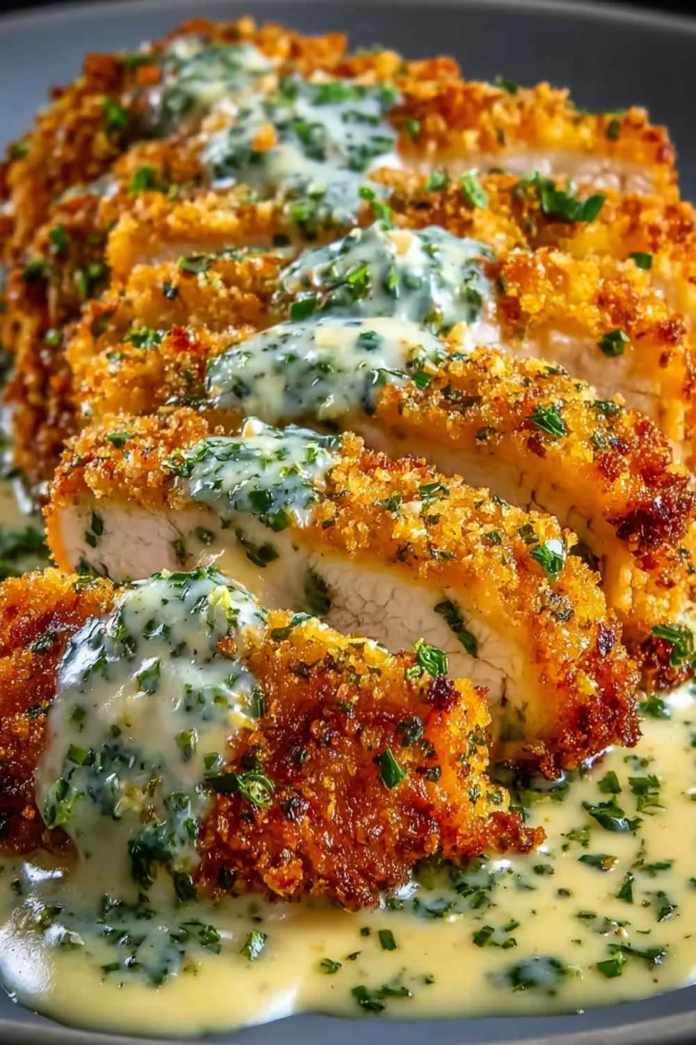 Crispy Parmesan Chicken with Creamy Garlic Sauce plated with parsley garnish