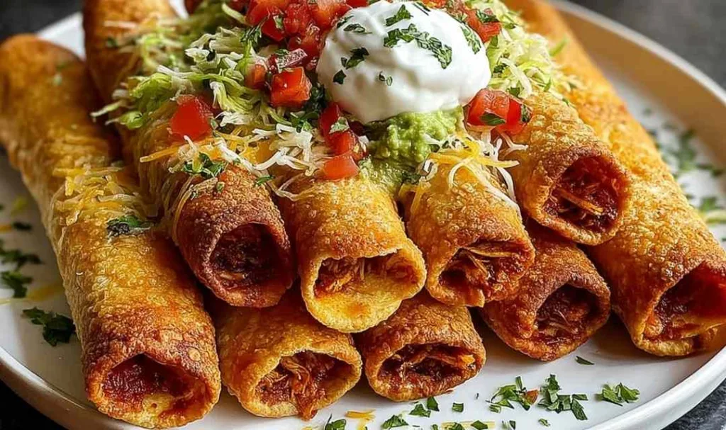 Crispy chicken taquitos on a serving plate with salsa and guacamole