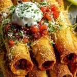 Crispy chicken taquitos on a serving plate with salsa and guacamole