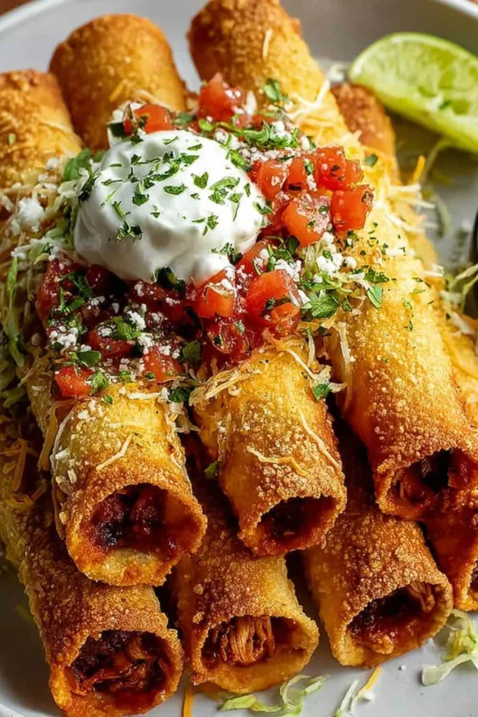 Crispy chicken taquitos on a serving plate with salsa and guacamole