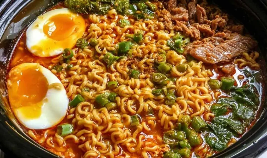 Ingredients for Crock Pot Ramen recipe including broth noodles vegetables and soy sauce on a wooden table