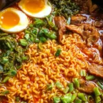 Ingredients for Crock Pot Ramen recipe including broth noodles vegetables and soy sauce on a wooden table