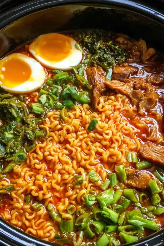 Ingredients for Crock Pot Ramen recipe including broth noodles vegetables and soy sauce on a wooden table