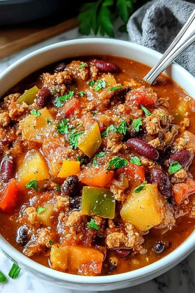 Crock pot shipwreck stew served in a rustic bowl with crusty bread