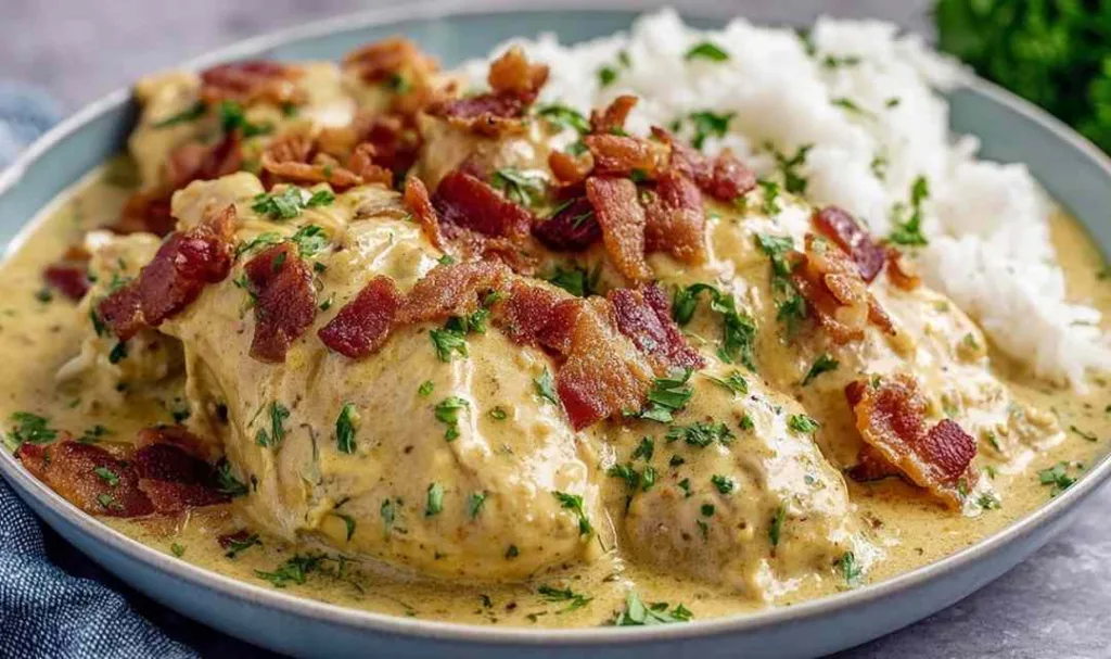 Crock pot crack chicken served over white rice with creamy ranch sauce and crispy bacon