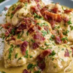 Crock pot crack chicken served over white rice with creamy ranch sauce and crispy bacon