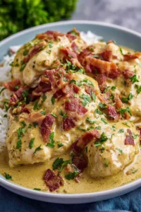 Crock pot crack chicken served over white rice with creamy ranch sauce and crispy bacon