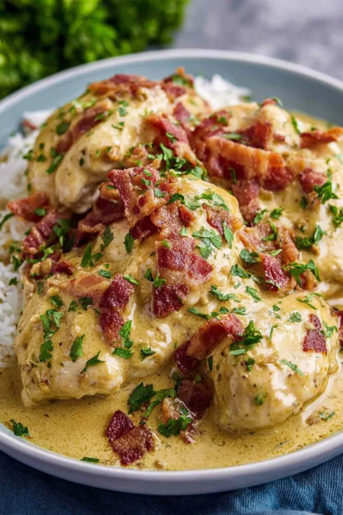 Crock pot crack chicken served over white rice with creamy ranch sauce and crispy bacon