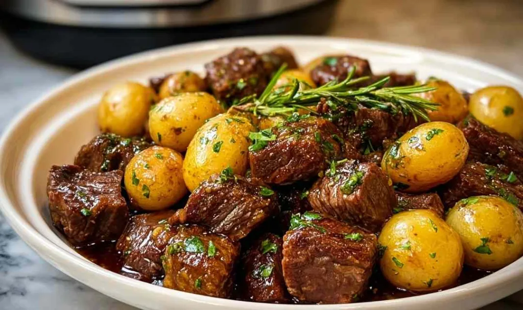 Crockpot Garlic Butter Beef Bites with Potatoes in a slow cooker