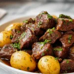 Crockpot Garlic Butter Beef Bites with Potatoes in a slow cooker