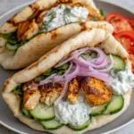 Crockpot Greek chicken pitas with tzatziki loaded with shredded chicken, cucumber, tomato, red onion, and crumbled feta on a rustic wood board
