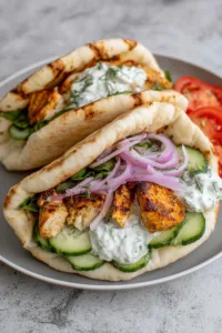Crockpot Greek chicken pitas with tzatziki loaded with shredded chicken, cucumber, tomato, red onion, and crumbled feta on a rustic wood board