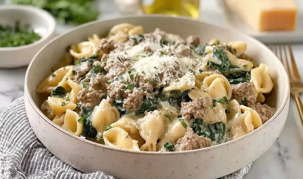 Crockpot Ground Beef Pasta in a white bowl showing creamy sauce and pasta