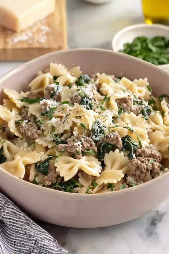 Crockpot Ground Beef Pasta in a white bowl showing creamy sauce and pasta