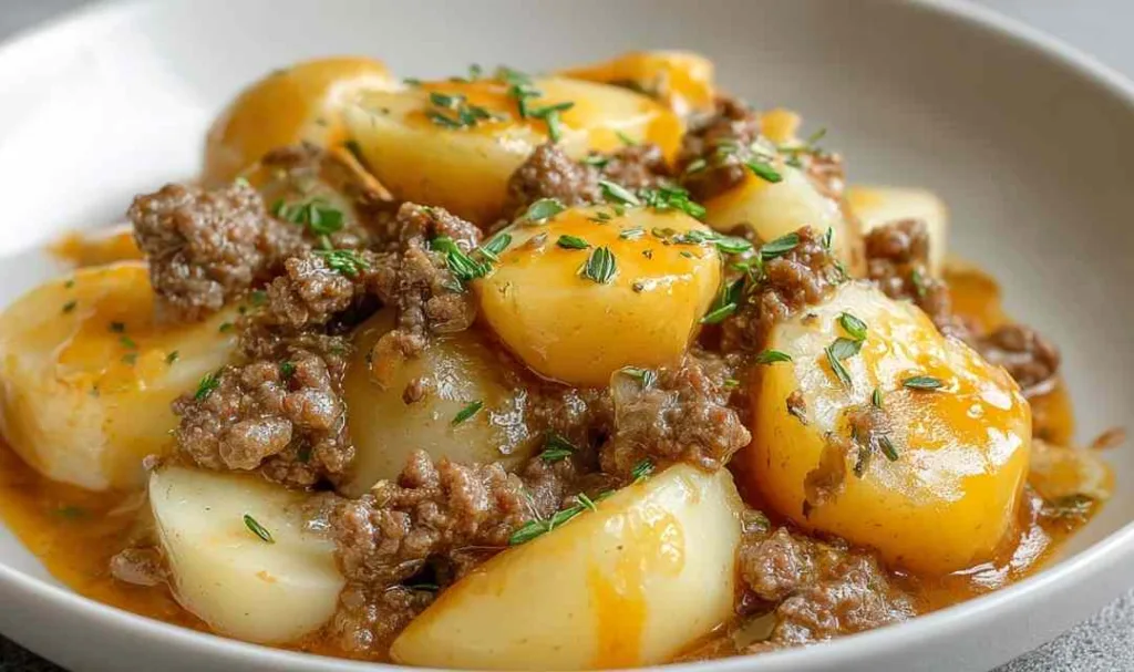 Crockpot hamburger potato casserole served in a white bowl with melted cheddar cheese and fresh chives