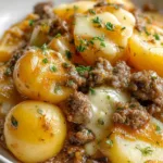 Crockpot hamburger potato casserole served in a white bowl with melted cheddar cheese and fresh chives