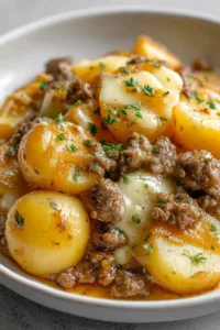 Crockpot hamburger potato casserole served in a white bowl with melted cheddar cheese and fresh chives