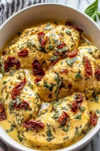 Crockpot Marry Me Chicken with creamy parmesan sauce and sun-dried tomatoes in slow cooker
