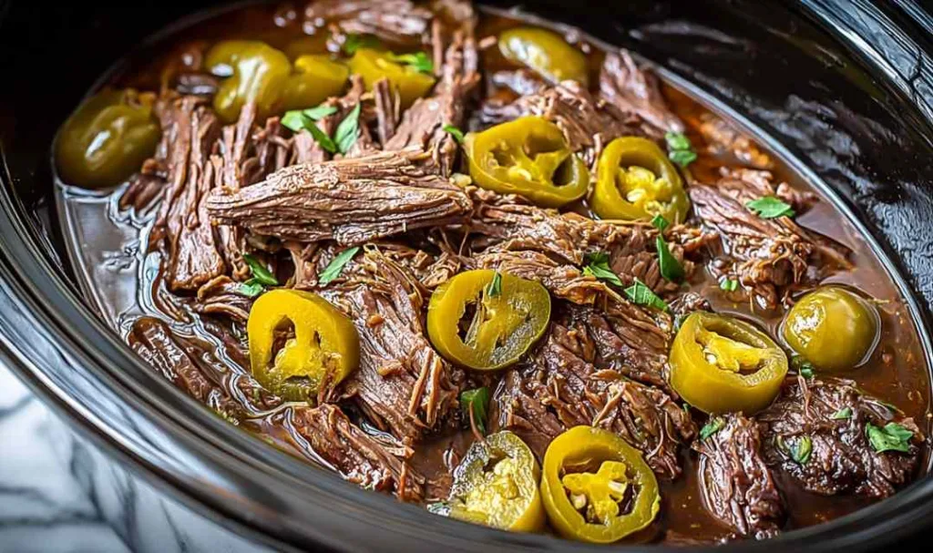 Crockpot Mississippi pot roast with shredded beef, whole pepperoncini peppers and butter in a slow cooker