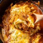 Crockpot chicken enchiladas in slow cooker topped with melted colby jack cheese