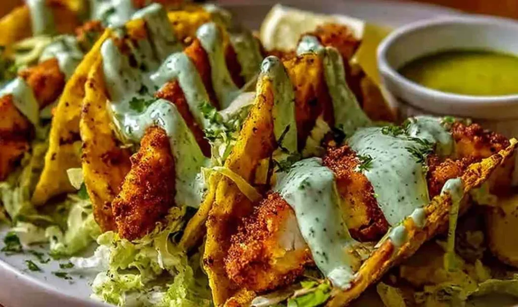 Dill Pickle Ranch Smash Chicken Tacos served on a white platter with fresh toppings.