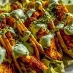 Dill Pickle Ranch Smash Chicken Tacos served on a white platter with fresh toppings.