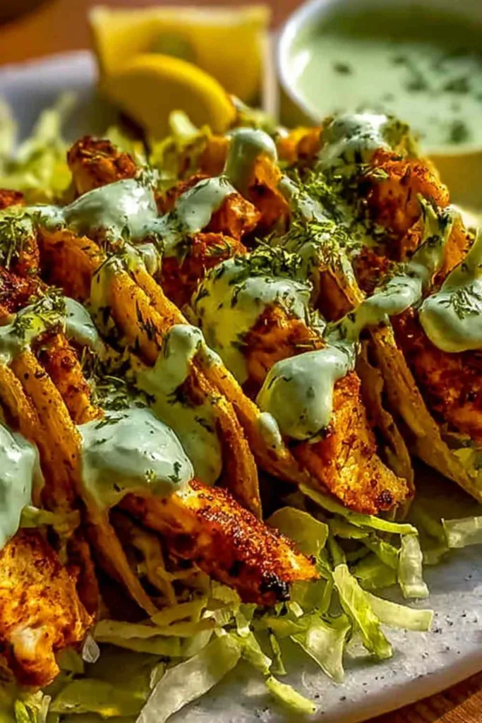 Dill Pickle Ranch Smash Chicken Tacos served on a white platter with fresh toppings.