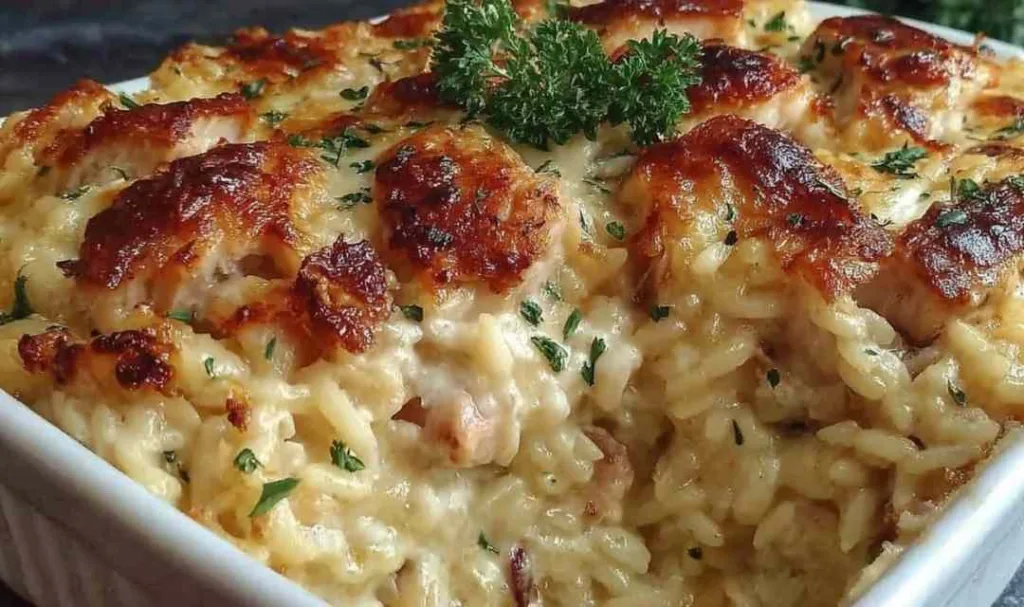 Dump and bake chicken Alfredo rice casserole fresh from the oven with golden bubbly mozzarella cheese