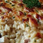 Dump and bake chicken Alfredo rice casserole fresh from the oven with golden bubbly mozzarella cheese