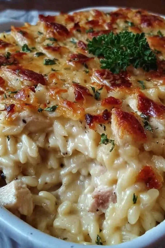Dump and bake chicken Alfredo rice casserole fresh from the oven with golden bubbly mozzarella cheese