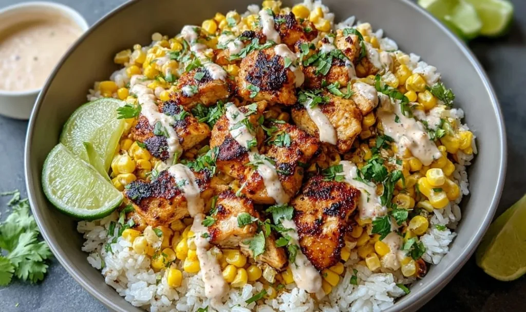 Easy Street Corn Chicken Rice Bowl with Cotija cheese and cilantro