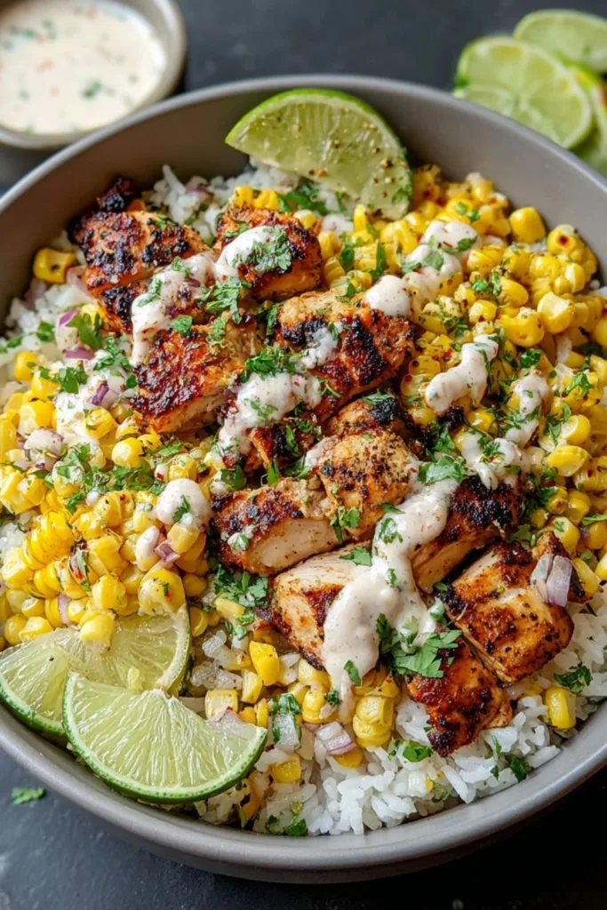 Easy Street Corn Chicken Rice Bowl with Cotija cheese and cilantro