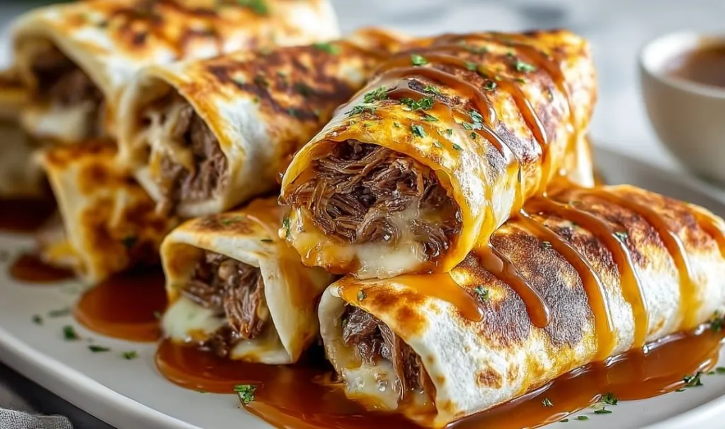French Dip Tortilla Roll Ups on a wooden board with dipping sauce