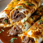 French Dip Tortilla Roll Ups on a wooden board with dipping sauce